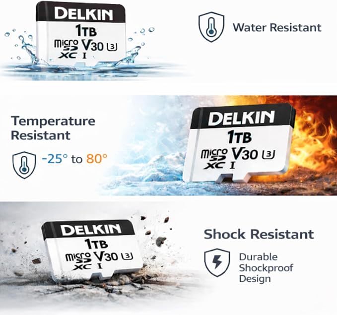 Delkin Devices Drone 1TB microSD Card UHS-I U3 V30 A2 – 190MB/s Read, 155MB/s Write – Designed for Drones, 4K UHD Video, DJI Compatible, microSDXC with Adapter (1TB)