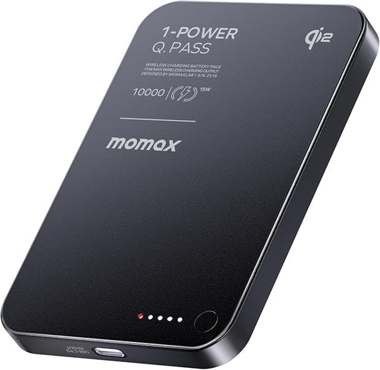 MOMAX Q.Pass Portable Charger, 10000mAh Slim Power Bank Qi2 Certified 15W Ultra-Fast Magnetic Battery Pack for iPhone Air/17Pro Max/17Pro/16/15/14/13/12 (No Lightning)