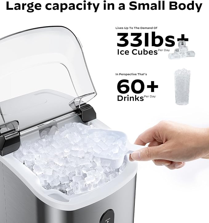 Nugget Ice Makers Countertop, Pellet Ice Machine with Self-Cleaning Function, Nugget Ice Machine Produces 33 lbs of Chewable Ice in 24 Hours, Sonic Ice Maker Perfect for Home Kitchens Party Camping