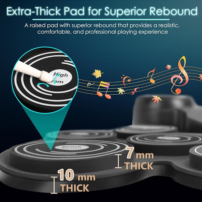 7-Color Dynamic LED Lights Electric Drum Set, 9-Pad Electronic Drum Set Bluetooth MIDI Support, Extra-thick Electric Drum Pads for Better Rebound, Perfect Christmas/Birthday Gift for Kids