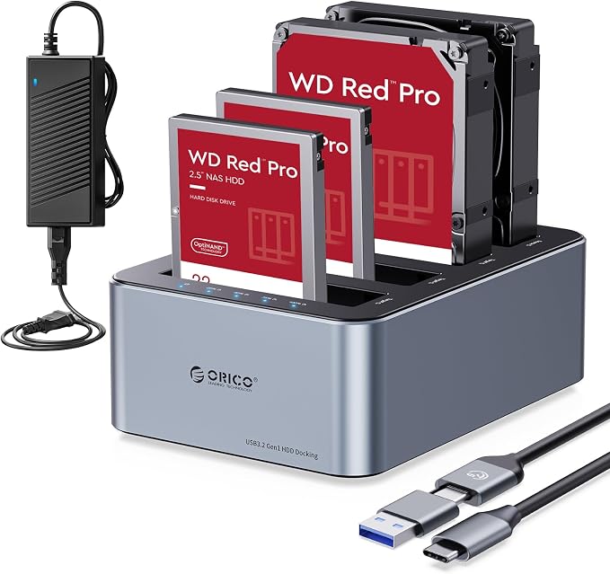 ORICO USB-C Hard Drive Docking Station with Offline Clone 4 Bay Aluminum USB 3.2 Gen 1 for 2.5''/3.5'' SSD HDD Up to 20TB(4*20) -6646C3