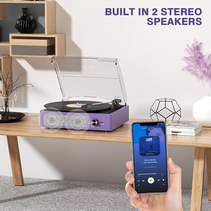 cotsoco Vinyl Record Player Bluetooth,Belt-Drive Turntable with Stereo Speakers Vintage Phonograph Vinyl Record Player 3 Speed 3 Size for Home Decoration,Aubergine