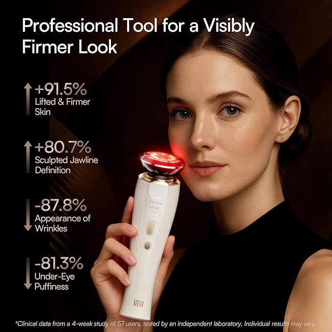 INIA Flare 3-in-1 Microcurrent Facial Device Red Light Therapy for Face and Neck Massager Tool with Heat & Vibration for Skincare Puffiness, Firming, Smoothing