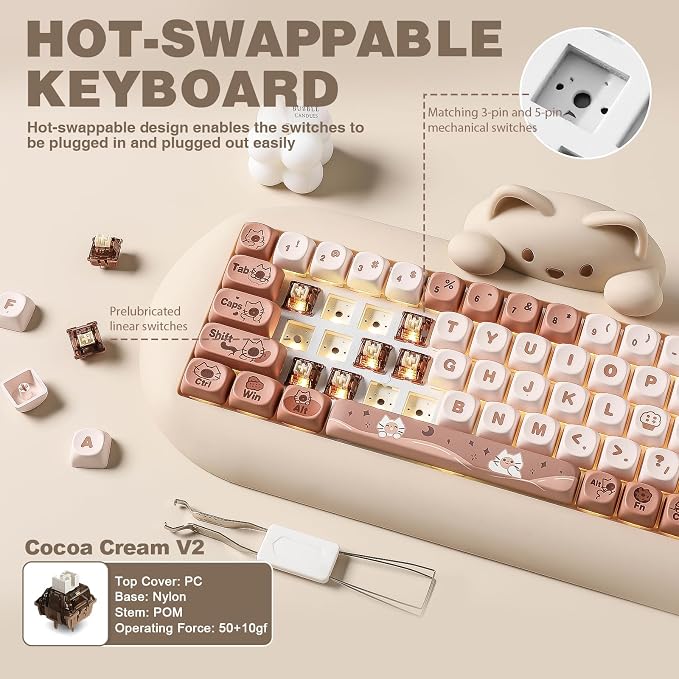 YUNZII C68 Wireless Mechanical Keyboard,65% Layout,Hot Swap,Triple Mode BT5.0/2.4G/Wired, RGB Backlit NKRO,Cute Cat Silicone Ergonomic Design for Win/Mac(Brown, Cocoa Cream V2 Switch)