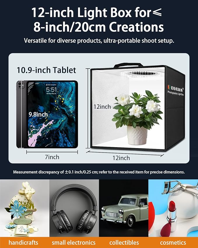 DUCLUS Light Box Photography, 12"x12" Photo Booth Box with 120 LED Lights Dimmable & CRI＞95, Portable Lightbox with 8 Backdrops for Mini Product Photography: Jewelry, Cards, Watches