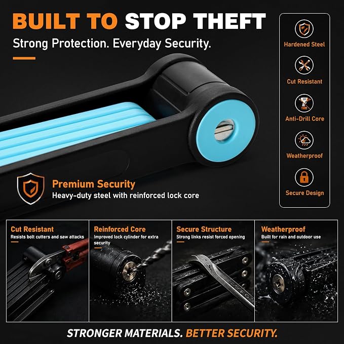 Heavy Duty Folding Bike Lock, 34" Foldable Bicycle Lock with 4 Keys & Mounting Bracket, Alloy Steel Anti Theft Bike Lock for Electric Bike, Scooter & Motorcycle, Portable Security Lock - Blue