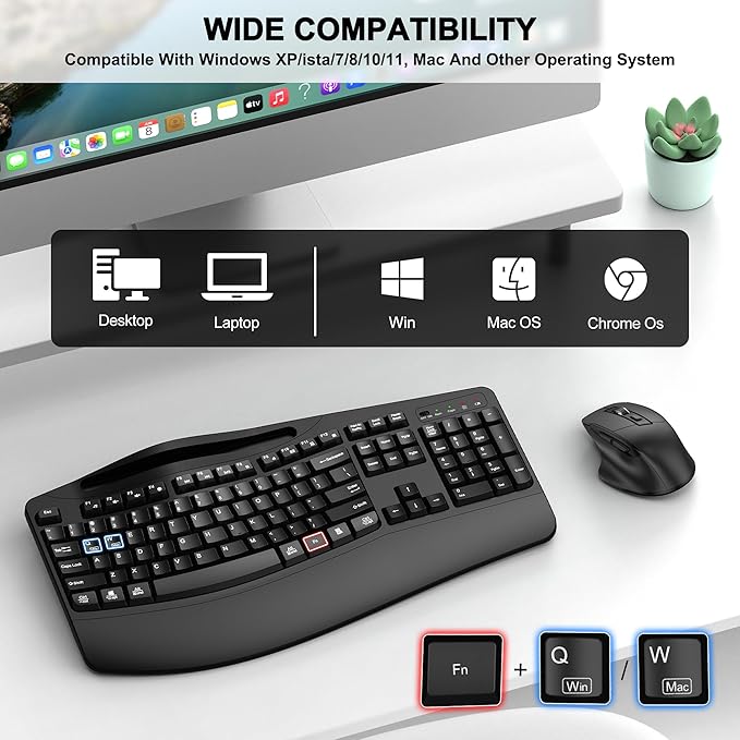 Wireless Keyboard and Mouse Combo, 2.4G Full Size Wave Keys Ergonomic Keyboard with Wrist Rest, Phone Holder, 3-Level DPI Adjustable Wireless Ergonomic Mouse for Windows, Mac Desktop/Laptop/PC(Black)