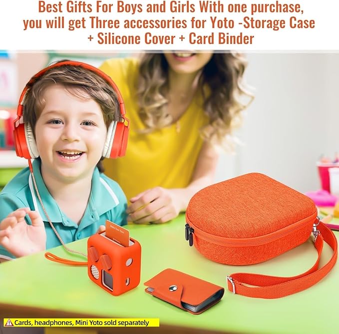 Hard Case Compatible with Yoto Mini (2024 Edition), 3-in-1 Travel Bundle: Silicone Cover + Case with Shoulder Strap (Fits Mini Player & Headphones) + Up to 10 Card Holder for YOTO Cards (Orange)