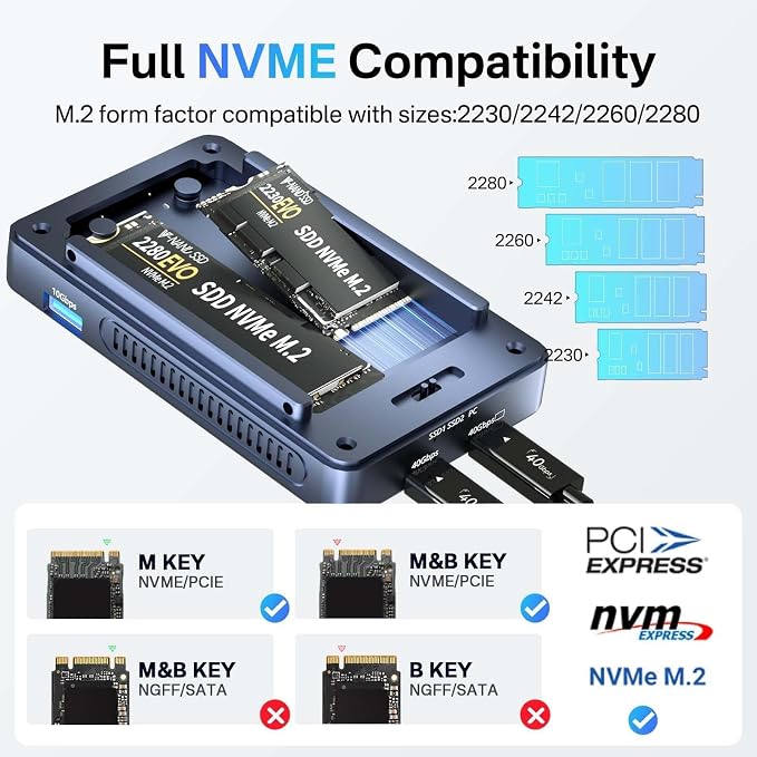 ACASIS 40Gbps M.2 NVMe SSD Enclosure, Cooling Fan, Compatible with Thunderbolt 4/3/USB4, Tool-Free, Aluminum Dock Dual Monitor, Support Software RAID, 2 USBC 40Gbps for M1/M2/Windows