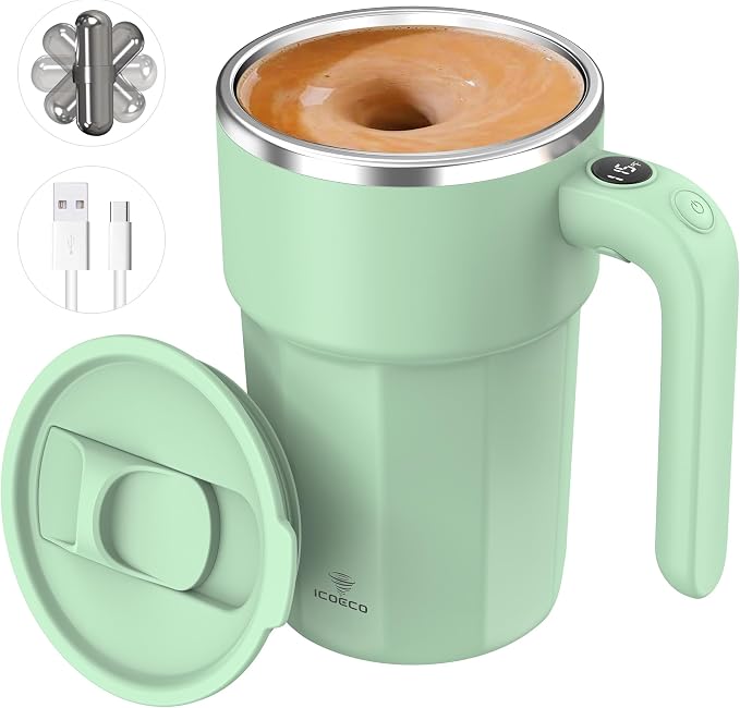 Self Stirring Coffee Mug, 12oz Rechargeable Magnetic Mixing Cup with Temperature Display, 316 Stainless Steel Electric Stirring Cup with Lid & Handle for Coffee, Cocoa, Matcha, Creamer, Mushroom Coffe