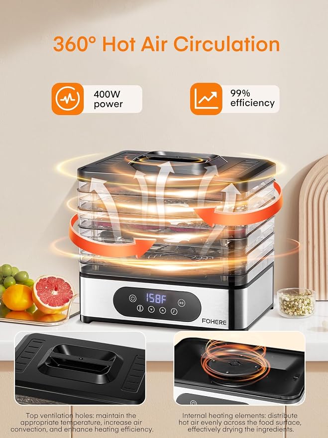FOHERE Food Dehydrator, 5 BPA-Free Tray Dehydrators for Food and Jerky, Fruit, Herbs, Meat, Dog Treats, 48H Timer and 95-158°F Temperature Control, 400W Dehydrator Machine, 11.42" Stackable Trays