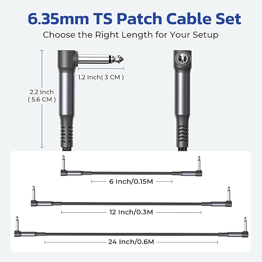 Ruxely Guitar Patch Cables 6-Inch 3-Pack,6.35MM Effects Pedal Board Cord,Nylon Braided 1/4" Right-Angle Instrument Audio Cable,Pedalboard Connector TS Copper Wire for Amp/Amplifier,Mixer,Electric Bass