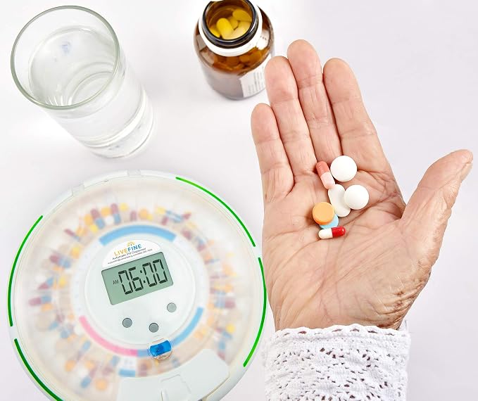 Live Fine Automatic Pill Dispenser with 28-Day Electronic Medication Organizer, 6 Dosage Templates, Easy-Read LCD Display, Sound & Light Alerts & Key for Prescriptions, Vitamins, Supplements & More