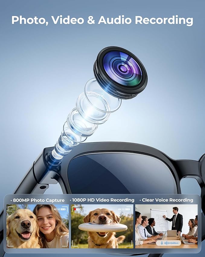 AI Smart Camera Glasses, 1080P HD Video + 8MP Photo, Bluetooth Open Ear Music & Calls, Interchangeable Sunglasses/Clear Lenses, No Subscription, for Travel & Vlogging