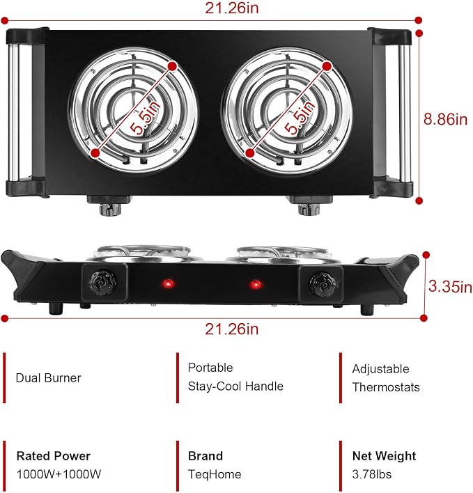 2000W Hot Plate Electric Stove, Portable Cooking Stove w/Cooling Handle, 5 Levels of Adjustable Temperature, Countertop Burners Dual Coil Burner for Home RV Camping, Fits All Cookware