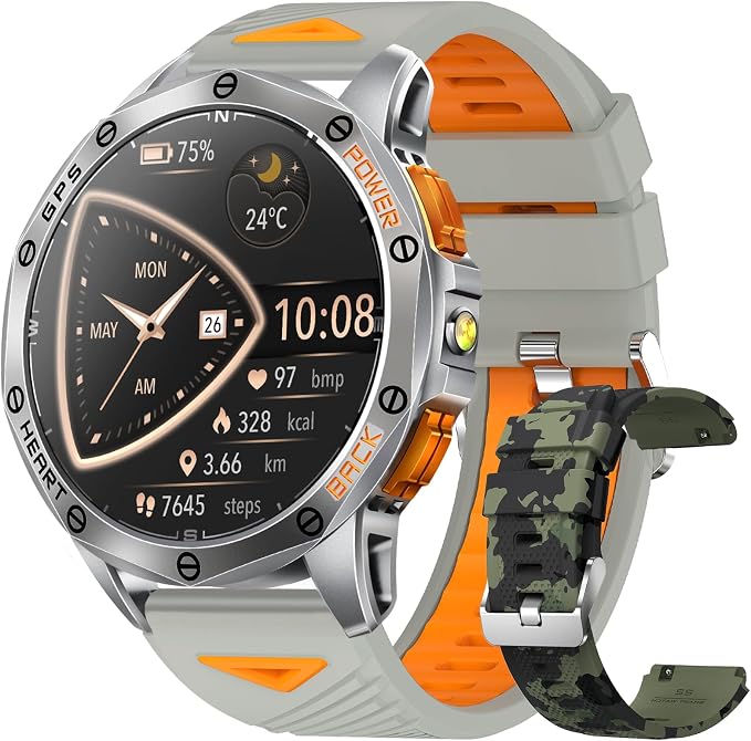 Military Smart Watches Built-in GPS, 170+ Sport Modes for Men with Flashlight, Smartwatch for Android Phones and iPhone, 1.43" AMOLED Screen Bluetooth Call Compass Altimeter (Sivler & Camo (2 Bands))