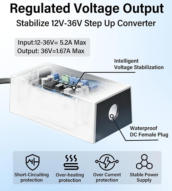 Starlink Mini Battery Adapter,12V-24V Input 36V/1.67A Output | Starlink Mini 12V Adapter,DC Power Supply Waterproof Voltage Regulator Cable for RV,Camper,Boat and Off-Grid Outdoor Setup