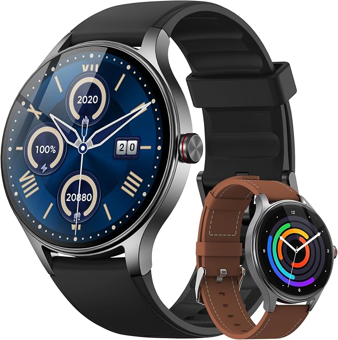 Smart Watch for Men Android iPhone [2 Bands], 1.27'' HD Fitness Watch with Bluetooth Call & Answer, IP68 Waterproof, Heart Rate/SpO2/Sleep Monitor, Built-in AI Voice, 105+ Sports Modes (Jet Black)