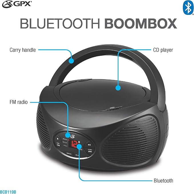 GPX Portable Bluetooth FM Radio Boombox and CD Player, Black (BCB119B)