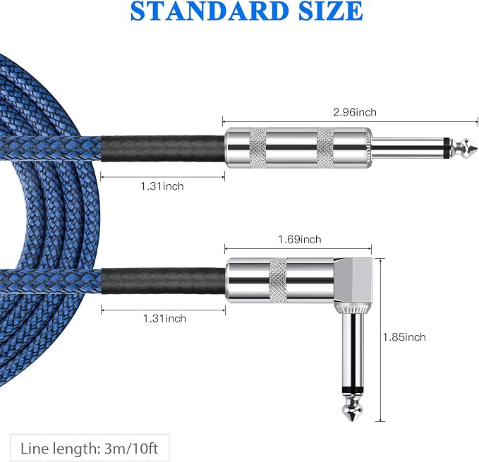 JOLGOO 1/4 Inch Cable Guitar Cable 10 Ft Straight to Right Angle 1/4 Inch 6.35mm Plug Bass Keyboard Instrument Cable Blue and Black Tweed Cloth Jacket, Electric Mandolin, pro Audio
