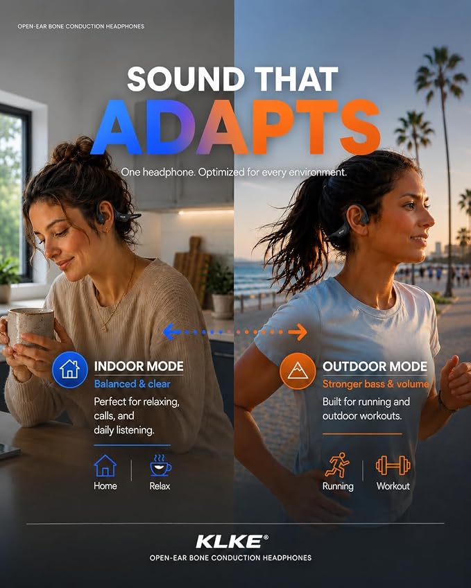 Open-Ear Bone Conduction Headphones for Running, Bluetooth Sports Headphones with Rear Safety Light, Dual Modes, Adjustable Fit, IP66 Waterproof, Mic, 10H Playtime for Gym Cycling
