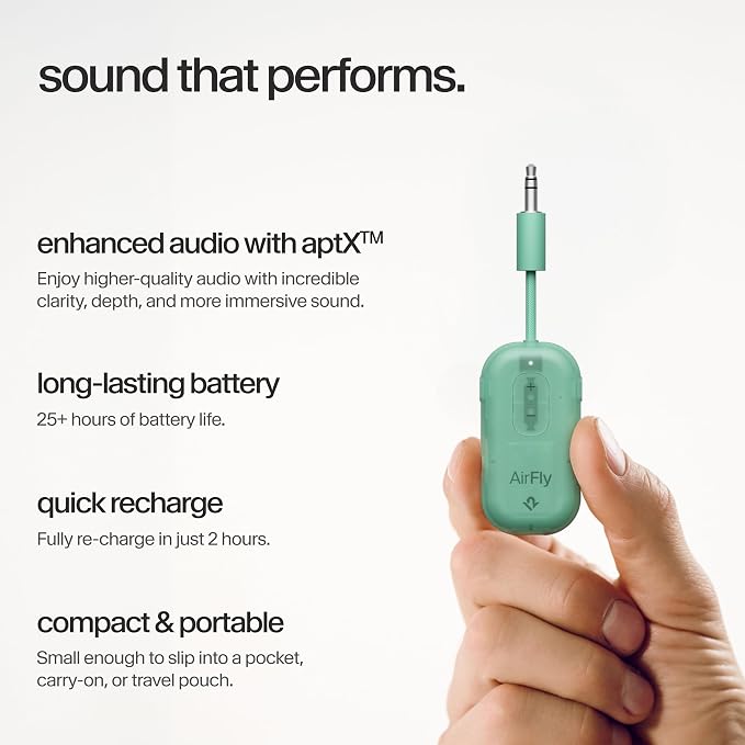 AirFly Pro 2 – Bluetooth Adapter for Airplane, Pair 2 AirPods or Wireless Headphones – 3.5mm AUX Bluetooth Transmitter for Cars, Boats, Treadmills, TVs– Airplane Travel Essentials, Mint Ice