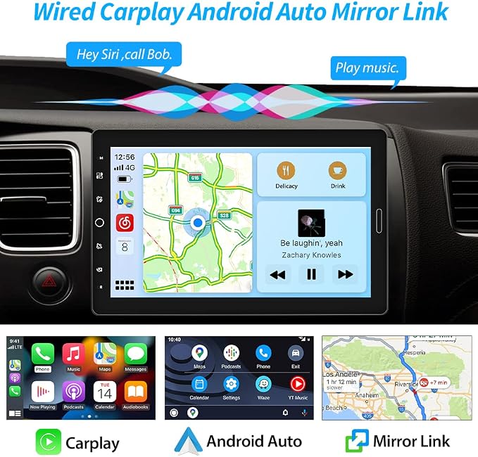 Hikity 10.1 Inch Single Din Car Stereo with Carplay Android Auto, Detachable Touch Screen Car Radio, Bluetooth FM Car Audio Receiver Support Mirror Link TF AUX USB SWC DVR Backup Camera