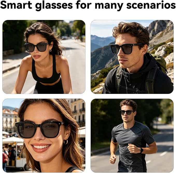 Smart Bluetooth Glasses for Men Women, Ai Smart Glasses with Open-Ear Audio, Voice Control, Real-time Translation, Hands-Free Calls, Bluetooth Sunglasses for Daily Use, Travel