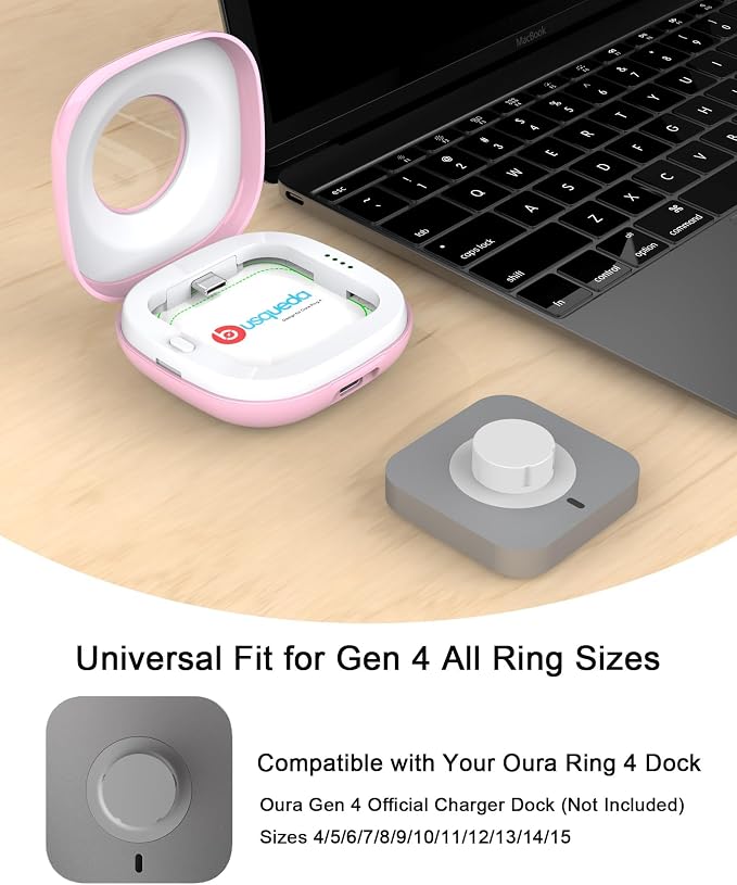 Portable Charging Case Compatible with Oura Ring 4 Charger, Fits All-Sized Ring Gen 4, Up to 10 Ring Charges，Pink (Official Charger NOT Included)