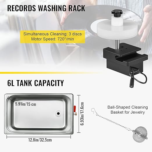 VEVOR Ultrasonic Vinyl Record Cleaner 6L 40kHz Vinyl Ultrasonic Cleaning Machine Knob Control Record Ultrasonic Cleaner 4 Records Vinyl Sonic Cleaner Stainless Steel Tank w/Mechanical Heater & Timer