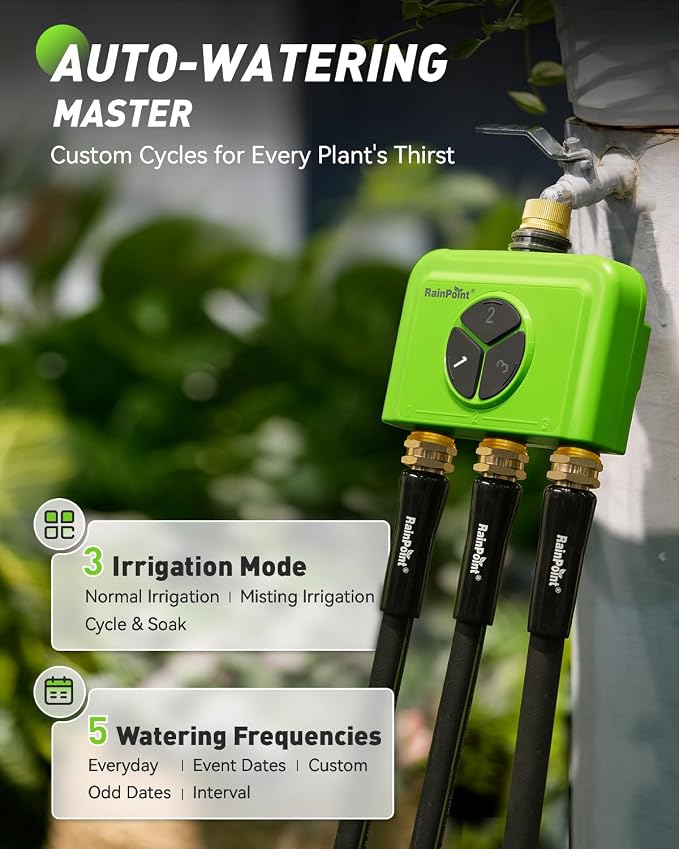RAINPOINT 3 Zone WiFi Water Timer with Smart Gateway, Brass Inlet/Outlet WiFi Sprinkler Timer, Voice Control, Smart Watering System by Time/Weather/Quantity/Soil Moisture, (Green, 3 Zone)