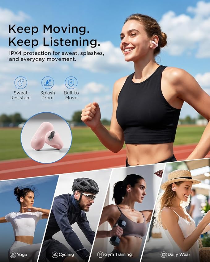 TALIX Open Ear Clip-On Earbuds X8 with AI ENC & Powerful Bass, Wireless Bluetooth 6.0, IPX4 Sweatproof Fitness Headphones, Physical Buttons, 5g Lightweight Ear Buds with Multi-Device Switching, Pink