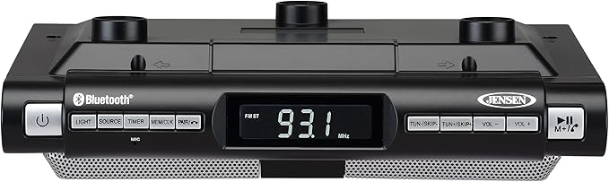 Jensen Modern Wireless Under Cabinet Kitchen Universal Bluetooth Music System, FM Radio, Clock LCD Digital Display , Built-in Hands-free Mic & Speakers (Includes Mounting Hardware)