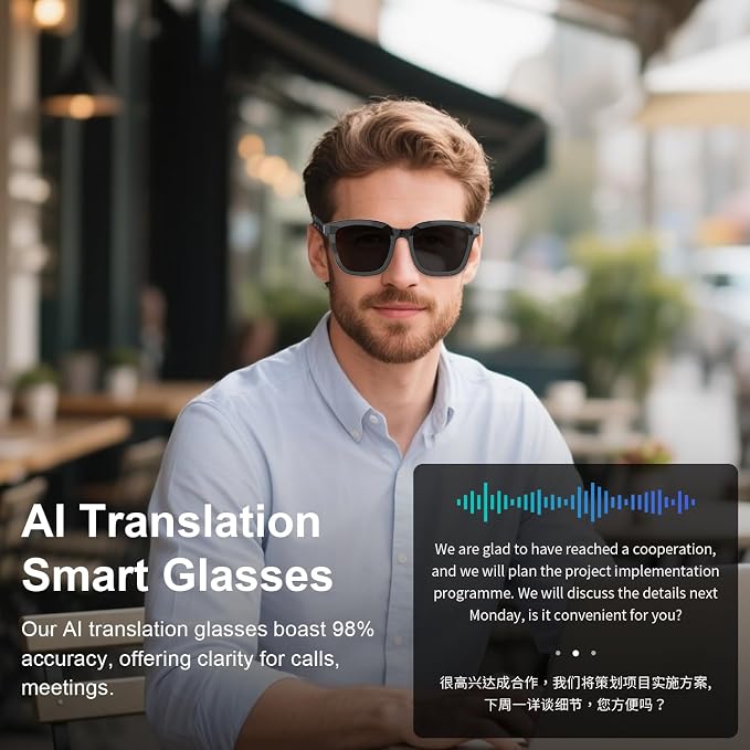 AI Smart Glasses for Men Women- Real-Time Translation (165+ Languages), Noise Cancelling, Open Ear Bluetooth Glasses, Polarized UV400 Smart Sunglasses, Auto On/Off Head Detection - Grey