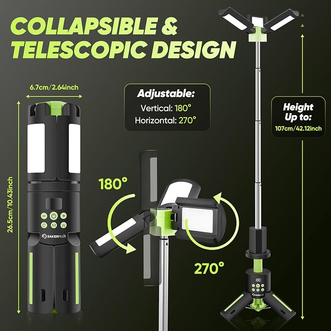 SakerPlus Portable Camping Lights with Stand, 5000LM Rechargeable LED Flashlight, 9 Color Modes, Collapsible Camping Lantern Tent Light with Magnetic Base for Power Outages, Camping & Emergency(Green)