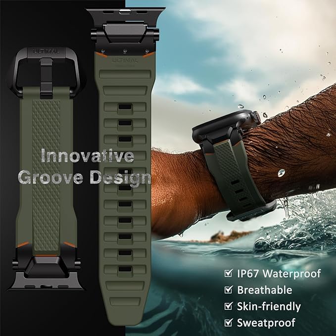 ULTIMAL Rugged Band for Apple Watch Ultra 3/2/1 49mm, Series 11/10/9/8/7/6/5/4 SE 46mm/45mm/44mm, Waterproof, Soft TPU Strap with Stainless Steel Buckle & Connectors, Sweat-Resistant, Easy to Clean, Fits 155-225mm Wrist (Black/green)