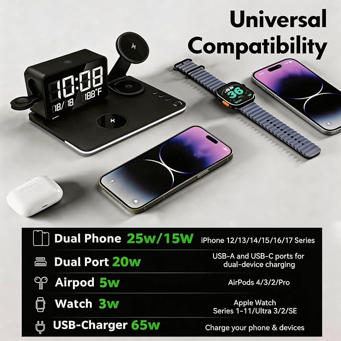 25W Magnetic Wireless Charging Station with Bluetooth Clock, 7-in-1 Rotatable Stand with Dimmable LED Lamp, 65W Adapter, Charger for iPhone 17/16/15 Apple Watch AirPods Bedside Nightstand Desk