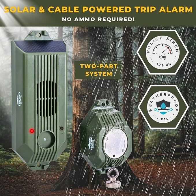 Tactiko Wire Trip Perimeter Alarm 2.0, 129 dB Rechargeable Perimeter – 80ft Kevlar Tripwire, Solar/USB, Weatherproof, Bear Deterrent for Camping, Property, Home Security (2 Pack)