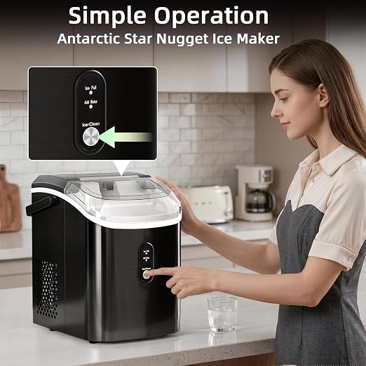 Nugget Countertop Ice Maker with Soft Chewable Ice, 34Lbs/24H, Pebble Portable Ice Machine with Ice Scoop, Self-Cleaning, One-Click Operation, for Kitchen,Office Stainless Steel Black