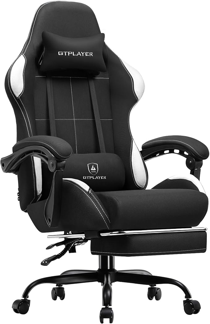 GTPLAYER Gaming Chair Fabric with Pocket Spring Cushion,Computer Office Chair with Lumbar Support for Adults Linkage Armrests and Footrest Ergonomic Gamings Chairs Height Adjustable Black