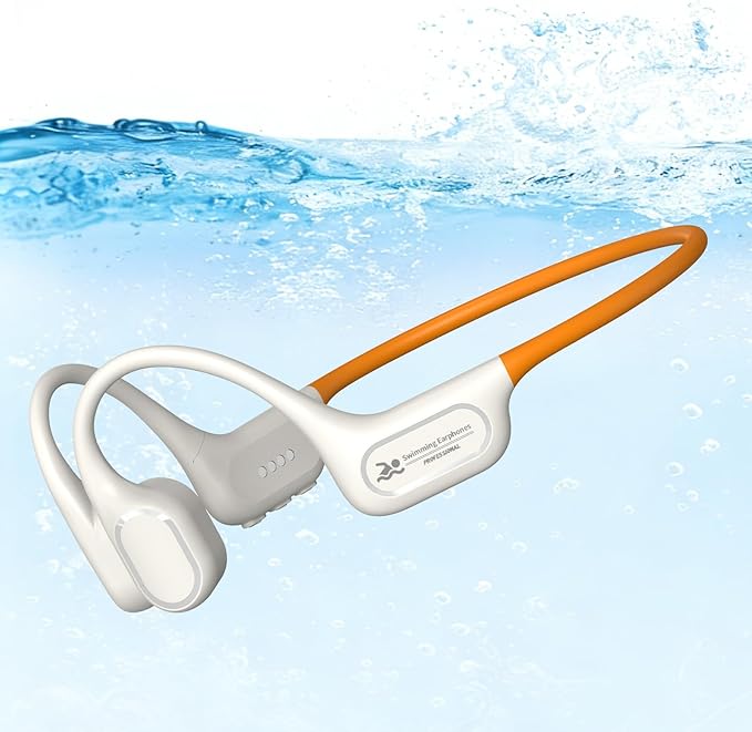 Soft Liquid Silicone Bone Conduction Swimming Headphones Underwater,IPX8 Waterproof Earbuds,Open Ear Swim Headphone with Skin-Friendly Silicone/Built-in 32G MP3-Player Earphones for Swim-Beige Orange