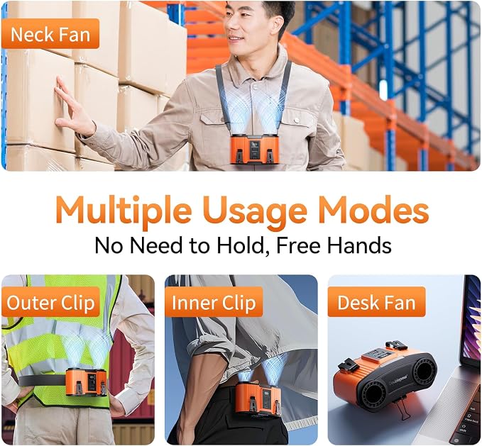 Doublepow 12000mAh Portable Waist Fan, Personal Waist Fan, Dual Air Ducts Motors, USB Rechargeable Clip On Belt for Working, 10 Speeds & 23H Wearable Neck Cooling, for Outdoor, Work, Travel (Orange)