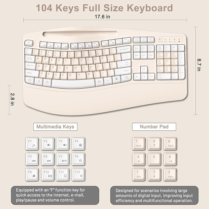 Wireless Keyboard and Mouse Combo, 2.4G Full Size Wave Keys Ergonomic Keyboard with Wrist Rest, Phone Holder, 3-Level DPI Wireless Silent Mouse with 6-Buttons, for Windows (Milk Tea-A)