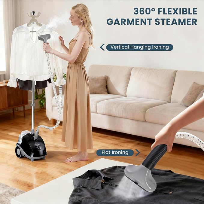 DUMOS Garment Steamer for Clothes Standing, 1500W Efficient Clothes Steamer Standing, 1.7L Water Tank for 55 Min Continuous Steaming with Wheels, Professional Fast Heating Wrinkle Remover