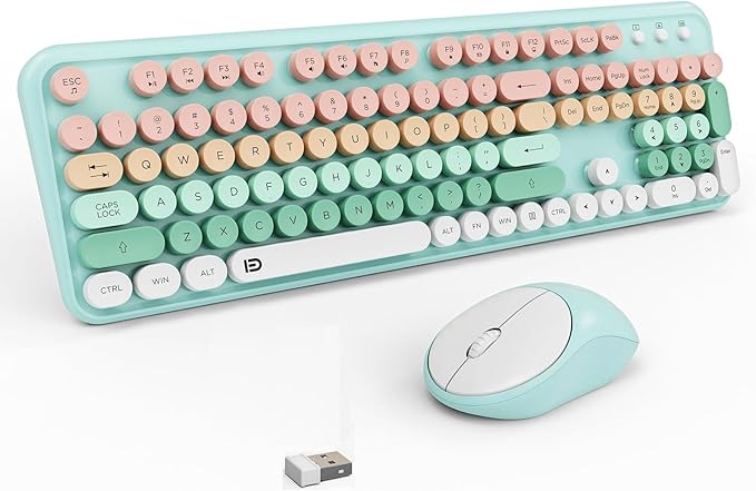 Wireless Keyboard and Mouse Combo, Cute Retro Typewriter Style Round Key Keyboard for Long Nails,2.4GHz Full Size Clicky Aesthetic Colorful Keyboard with Number Pad for PC Laptop Desktop, Pink Green