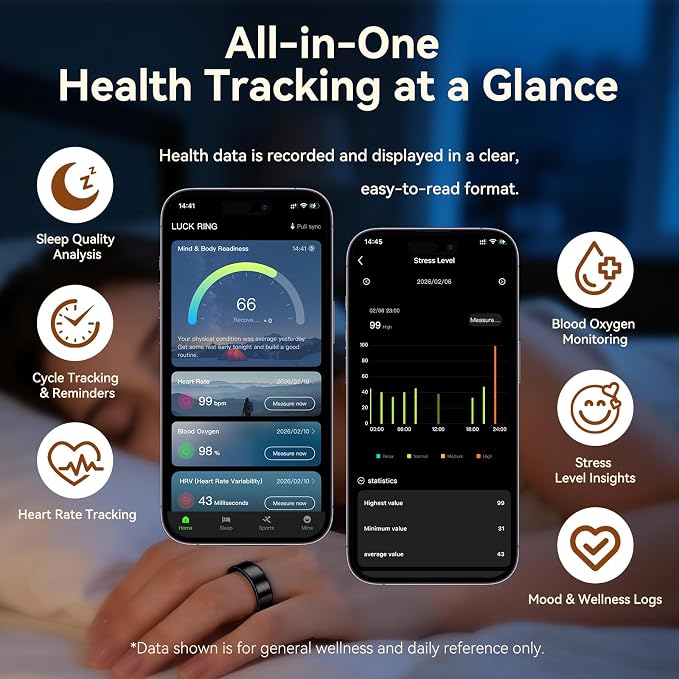 Smart Health Fitness Ring for Women & Men, Activity Tracker with Step Counter, Sleep Monitor & Stress Tracking, Waterproof, Compatible with Android & iOS, No Subscription Fee