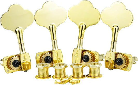 Guyker Bass Tuners (2R + 2L) - 1:22 Ratio Gear Open Frame Bass Drop Locking Machine Head Tuning Key Pegs Replacement for Electric Jazz Guitar Bass or Precision Instruments, BB100 Gold