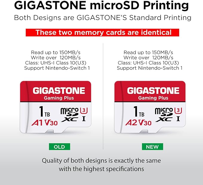 【for Switch 1 Only】 GIGASTONE 1TB Gaming Plus Series Memory Card Speed Up to 150/120MB/s for Nintendo-Switch 1, Steam Deck, 4K Video A1 V30 U3 MicroSDXC with SD Adapter