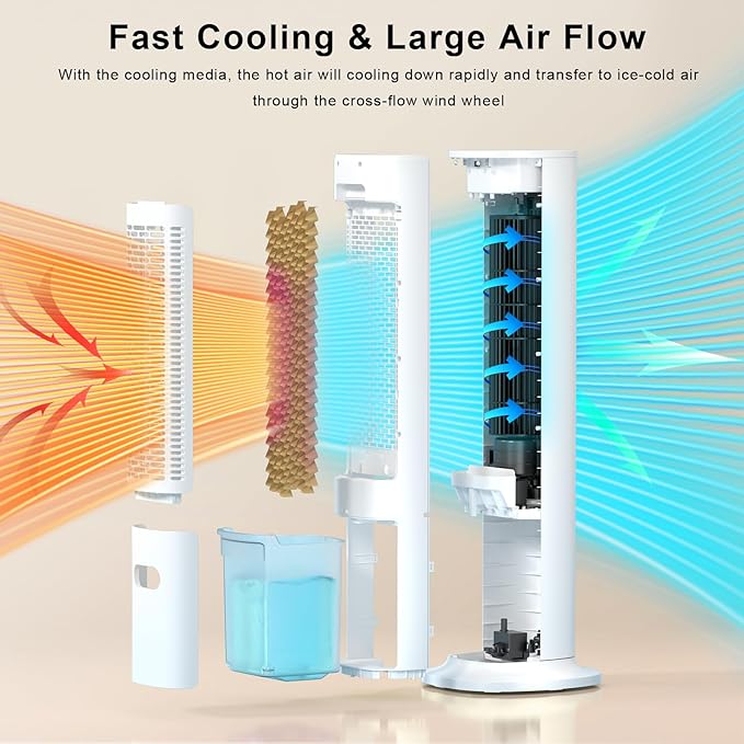 Antarctic Star 40" Evaporative Air Cooler, 24H Timer & Remote Control, Bladeless Tower Swamp Cooler, 80° Oscillation Cooling Fan with Removable Water Tank for Home Office