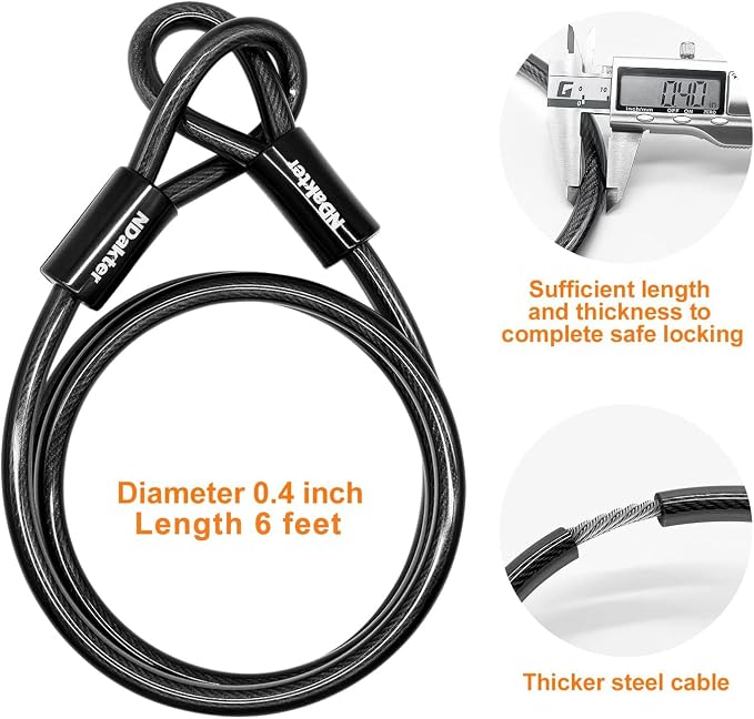 NDakter Bike Locks Heavy Duty Anti Theft, Bicycle U Lock for Ebike, 18mm Shackle, 6FT Steel Security Cable with 3 Keys for Electric Escooter, Motorcycle, Moped, Dirt-Bike, Tri-Bike Wheel Lock Sturdy